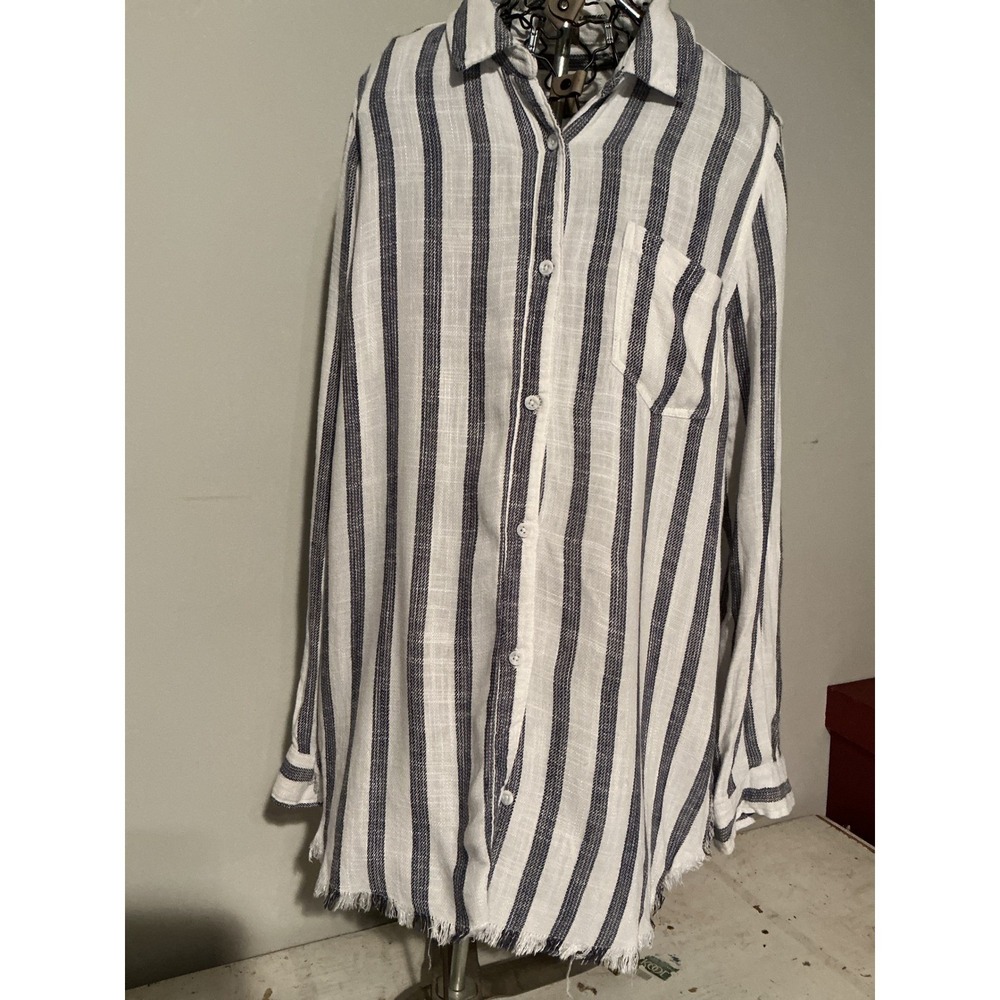 Carly Jean Los Angeles Blue White Stripe Linen Blend Frayed Hem Shirt Large